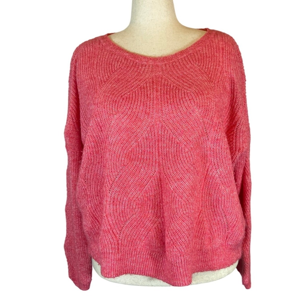 Anthropologie Pink Textured Knit Sweater Pullover Long Sleeve V Neck Women's XL